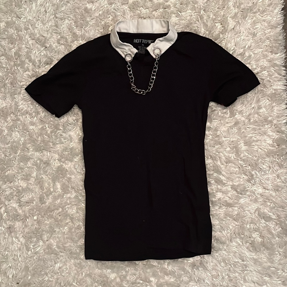 Emo Black shirt with white collar and chain